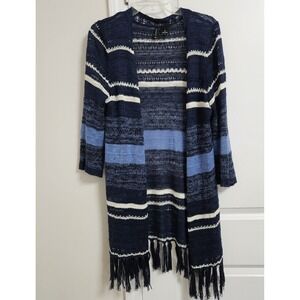 New Directions Open Cardigan Sweater Women's Med Blue Long Sleeve Soft Fringe
